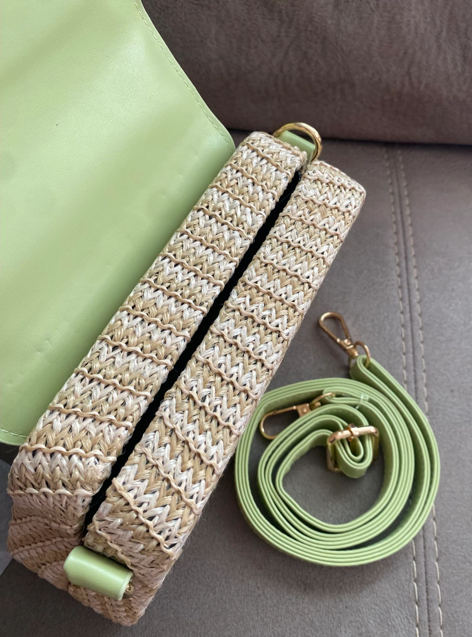 Pistachio Green Raffia and Faux Leather Trunk Bag – photo 6